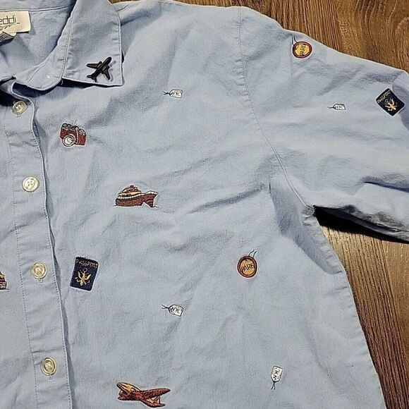 Vintage Teddi Shirt Womens XL Cameras Planes Embroidery Button Up Toll Tab STAIN - Picture 6 of 9